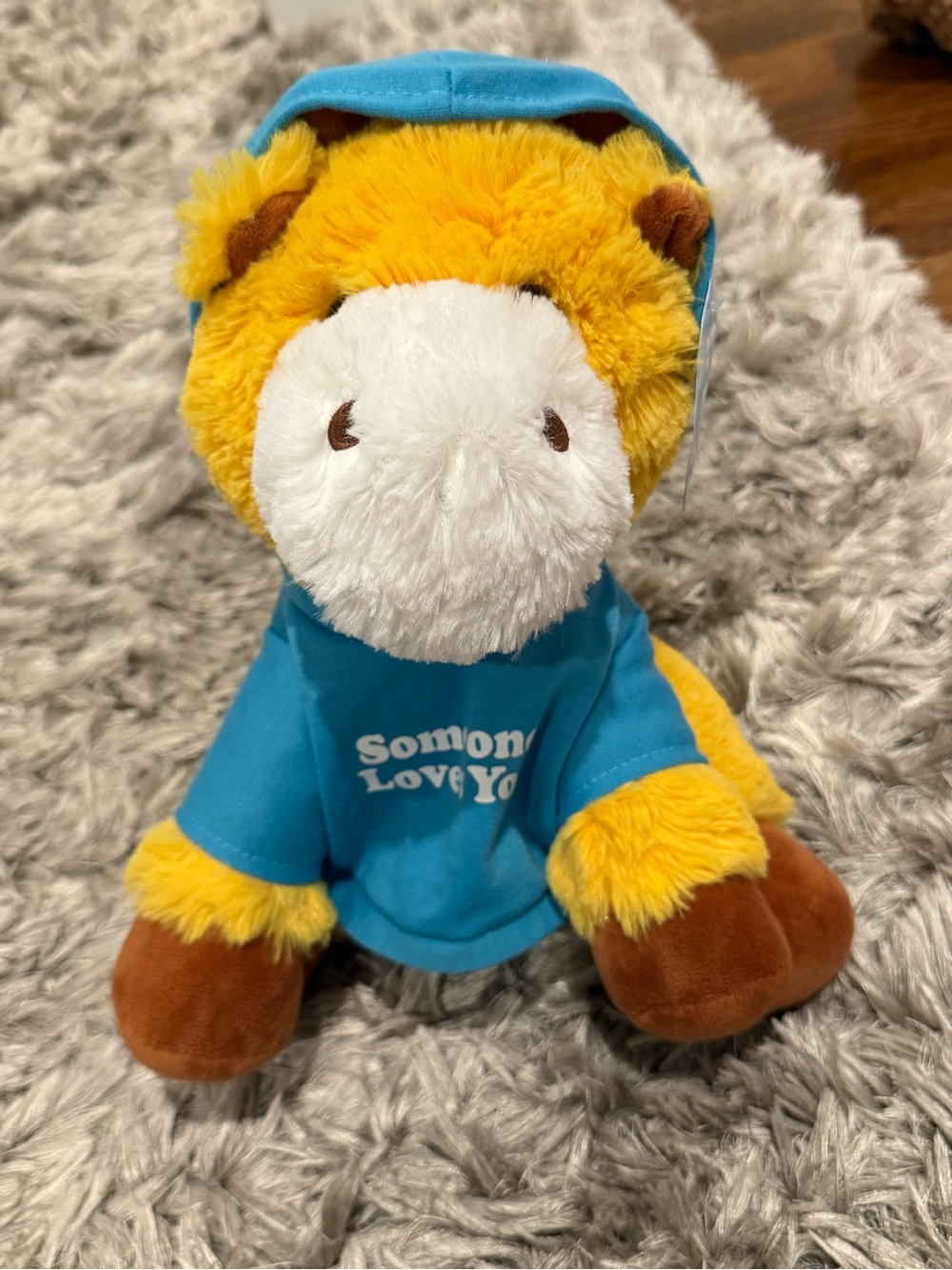 Yellow & White Plush Animal Toy with Blue Hoodie